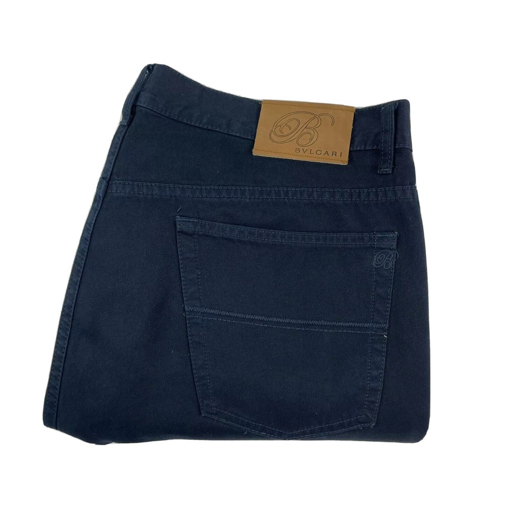 BVLGARI Mens Navy Blue Soft Cotton Straight Leg Jeans Leather Accent 42x32